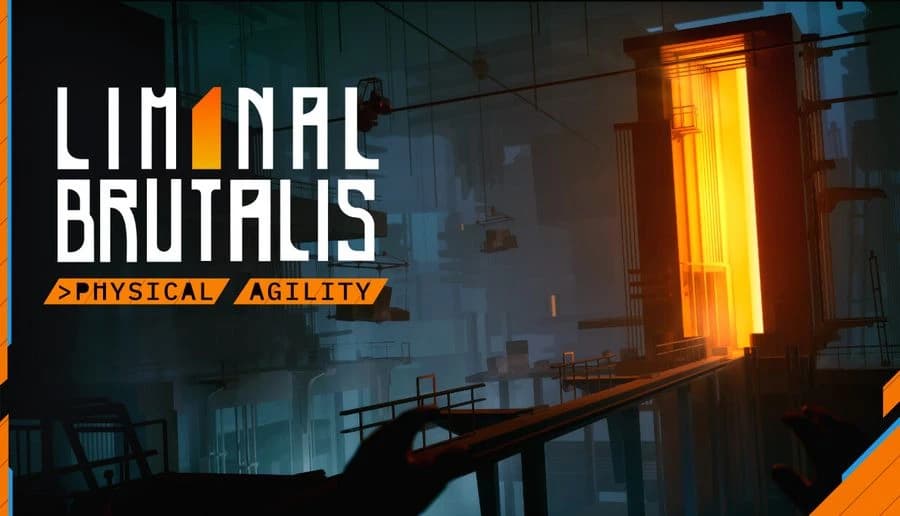 Liminal Brutalis: first-person view of metal catwalks and pipes beside a tall glowing orange shaft in a concrete facility.