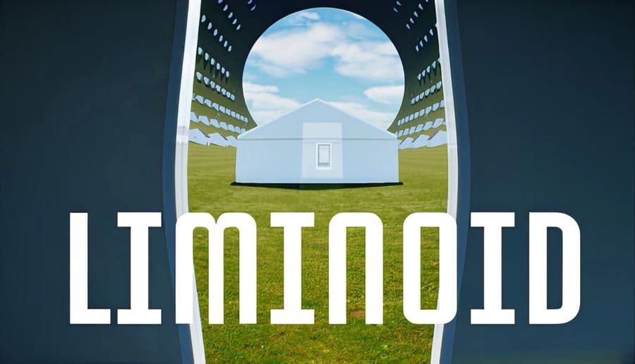 LIMINOID: View through oval doorway toward small white house on green field under blue sky, dark walls around.