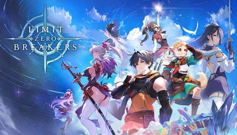 LIMIT ZERO BREAKERS: Group of diverse adventurers with weapons in vibrant fantasy sky setting. Action-ready poses and dynamic scene.