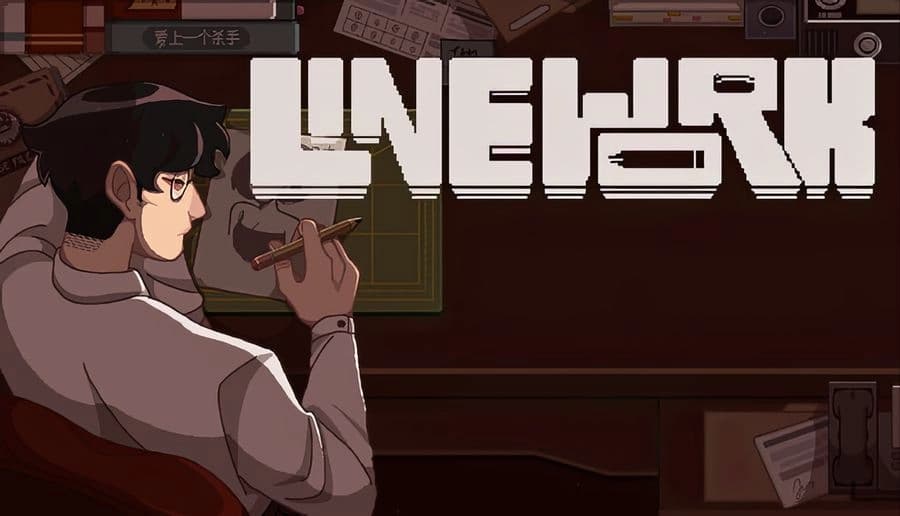 Linework: Young man sketches suspect in dim office, surrounded by papers, radio, and cigarette, evoking detective genre.