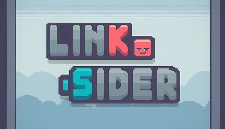 Blocky, colorful text with a small red square character smirking. Layered clouds form the serene background.