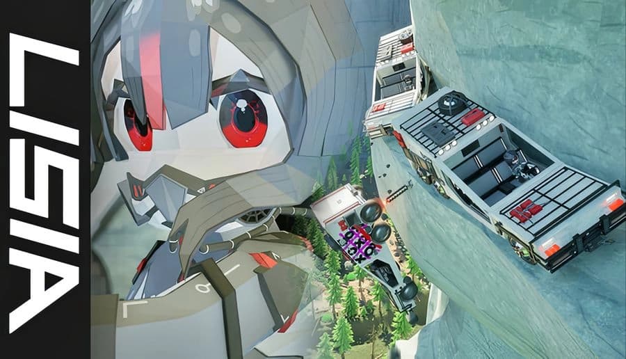 LISIA: Giant robot girl face looms beside two trucks tipping on a steep cliff road above a pine forest slope.