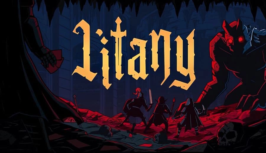 Litany: armored demon looms over cloaked warriors on blood-red ground, dark forest of jagged trees behind them.