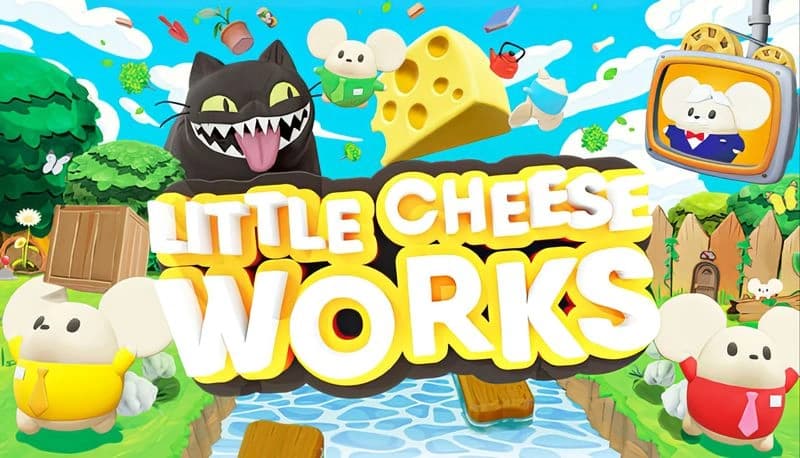 Little Cheese Works: Cartoon mice in suits navigate a vibrant obstacle course with a giant cheese and a mischievous cat.