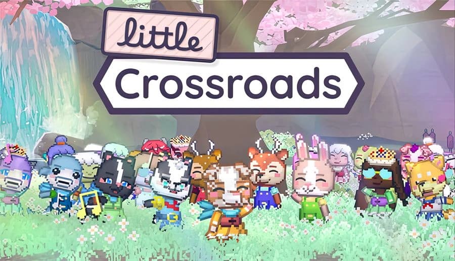 Little Crossroads: Crowd of colorful pixel villagers and animals in costumes standing on grassy field by waterfall and trees.