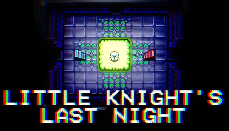 Little Knight’s Last Night: Pixel knight stands on glowing altar in stone dungeon room with stairs and red torches.