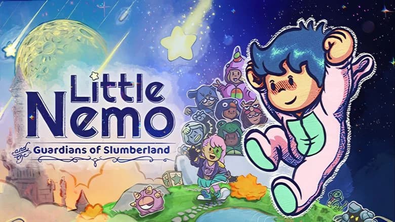 Young boy with blue hair in pink and teal onesie joyfully jumps in a starry sky, surrounded by diverse people and creatures.