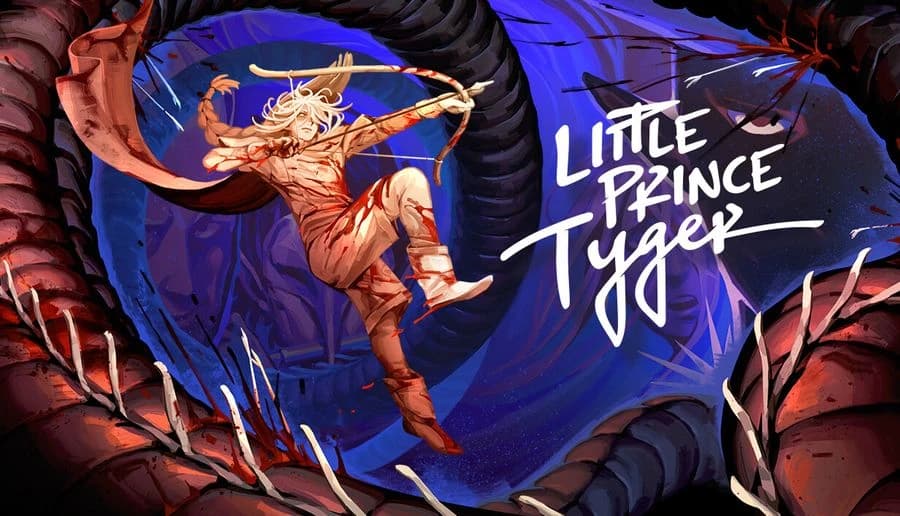 Little Prince Tyger: blond archer man leaps midair aiming bow inside swirling blue tunnel framed by thorny branches.