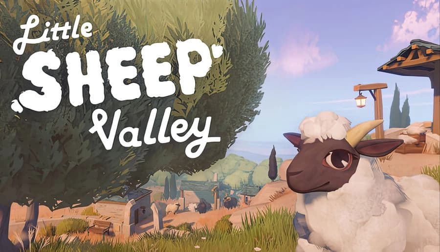 Little Sheep Valley: close-up sheep with fluffy wool in grassy farmyard, trees and wooden shelter under pink sky.