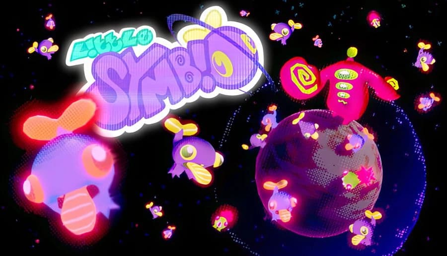 LiTTLE SYMBiO: Colorful alien and tiny creatures drift in space with glowing planets, stars, and neon shapes around.