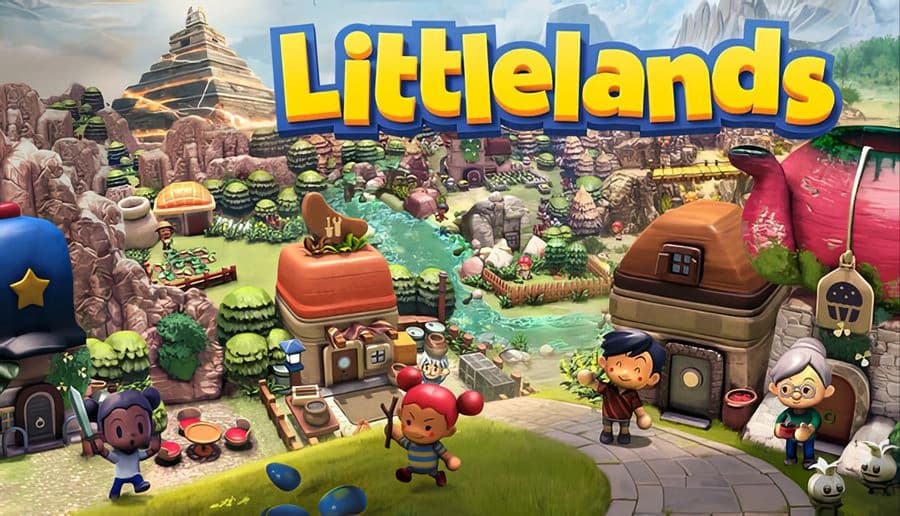 Littlelands: Big-headed boy holding red berries near round houses, stone paths, and cliffs in a bright village.