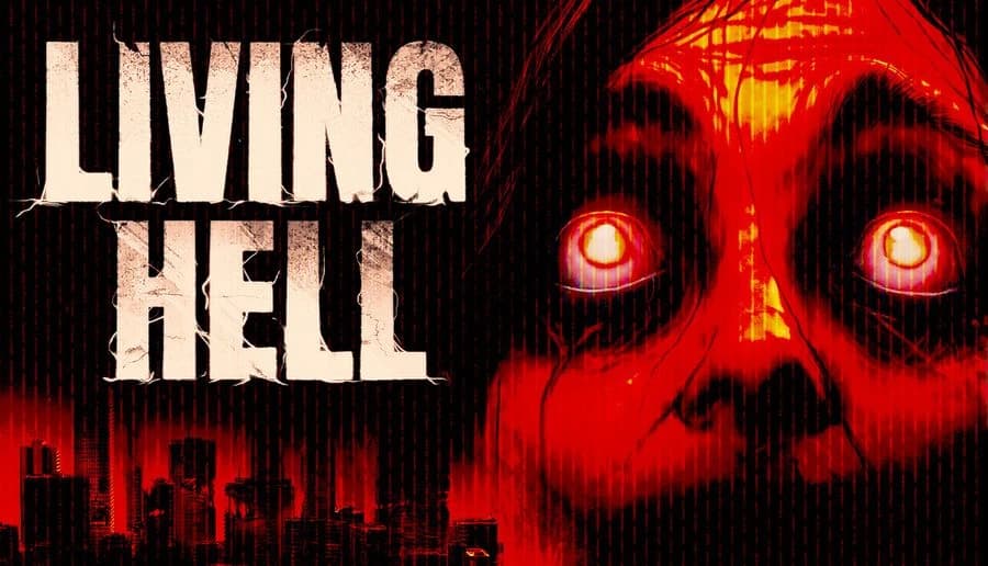 LIVING HELL: Close-up of a screaming face with glowing eyes under red light, dark shadowy background with scanlines.
