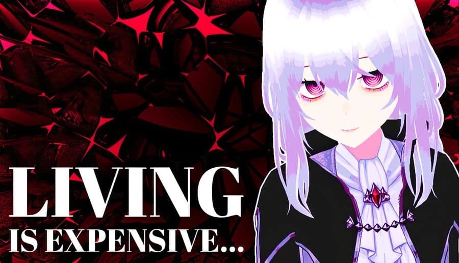 Living is Expensive...: pale young woman with white hair and red eyes faces forward red jagged shards background.