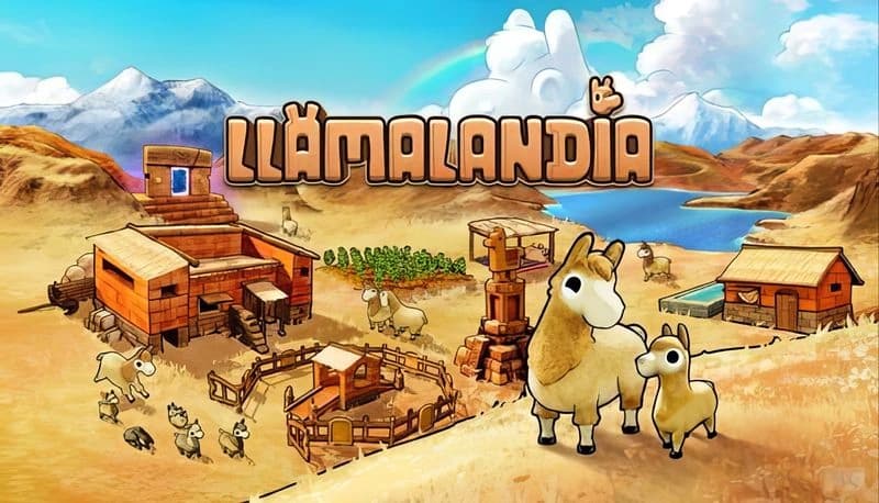 Llamalandia: Mother and baby llama in vibrant farm setting with wooden buildings, lush crops, and distant mountains.