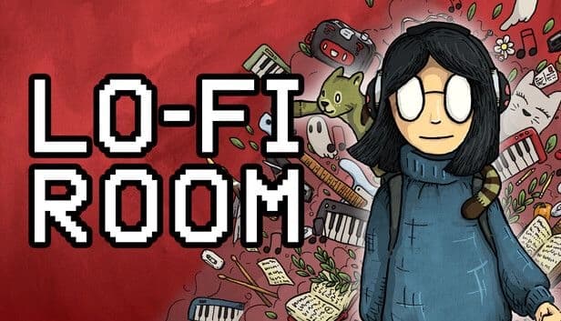 Lo-Fi Room: Young girl with glasses and backpack stands before red backdrop with musical instruments, books, and cats.