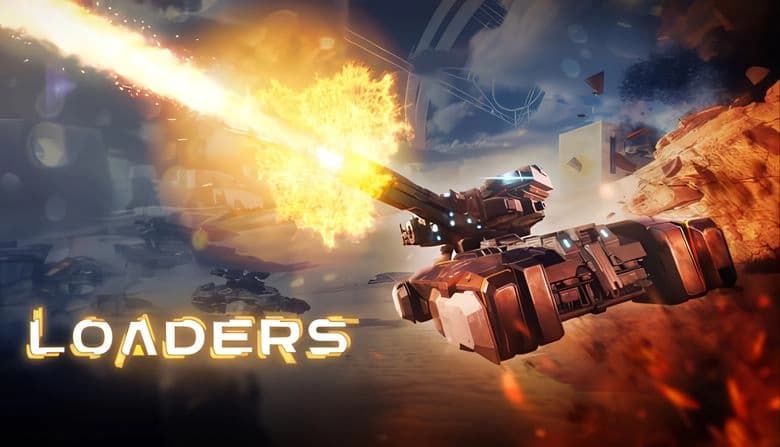 Loaders: Futuristic tank fires fiery shell in rocky sci-fi landscape, debris flying with other tanks and planets in view.