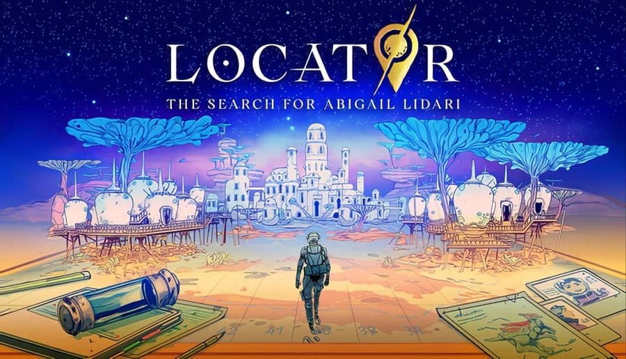 Locator: Lone astronaut walks toward white domed city, alien blue trees and starry sky over scattered maps.