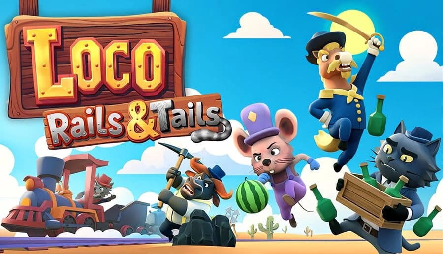 Loco: Animal crew builds rails and hauls supplies beside a steam train in a desert town with windmills and cacti.