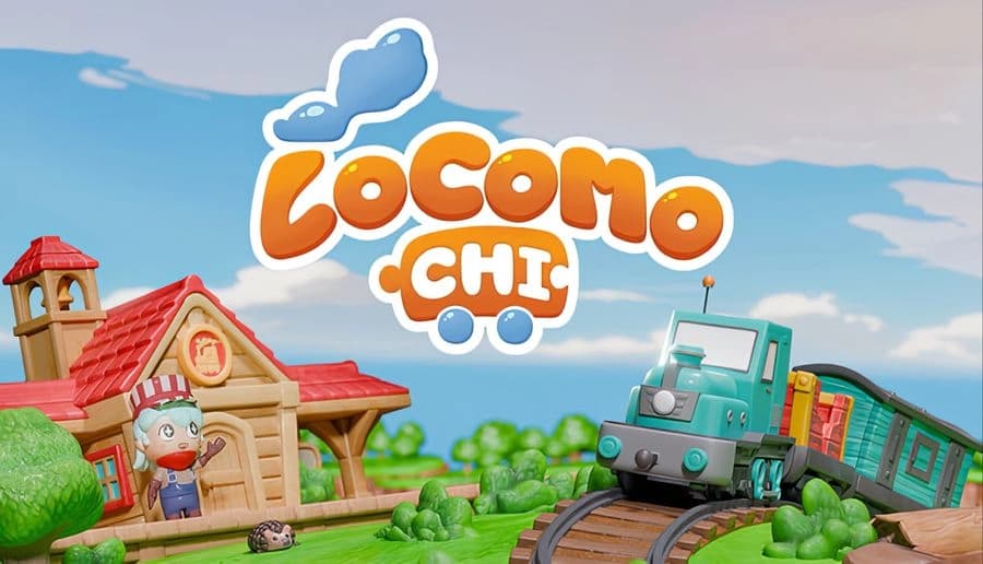 Locomochi: teal toy locomotive on curving track beside smiling toy clown and wagon, bright hills and blue sky backdrop.