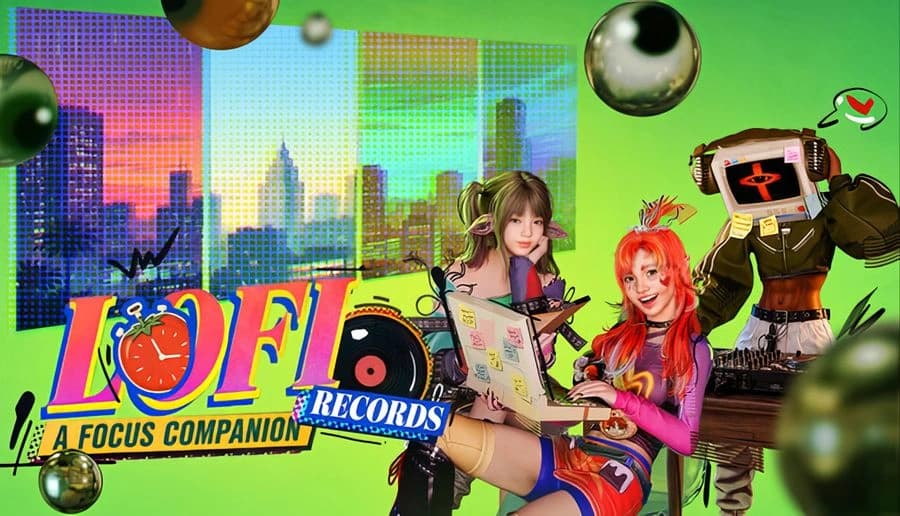 Lofi Records: young woman reads a map with red-haired girl as a robot in headset holds phone in neon city shop.
