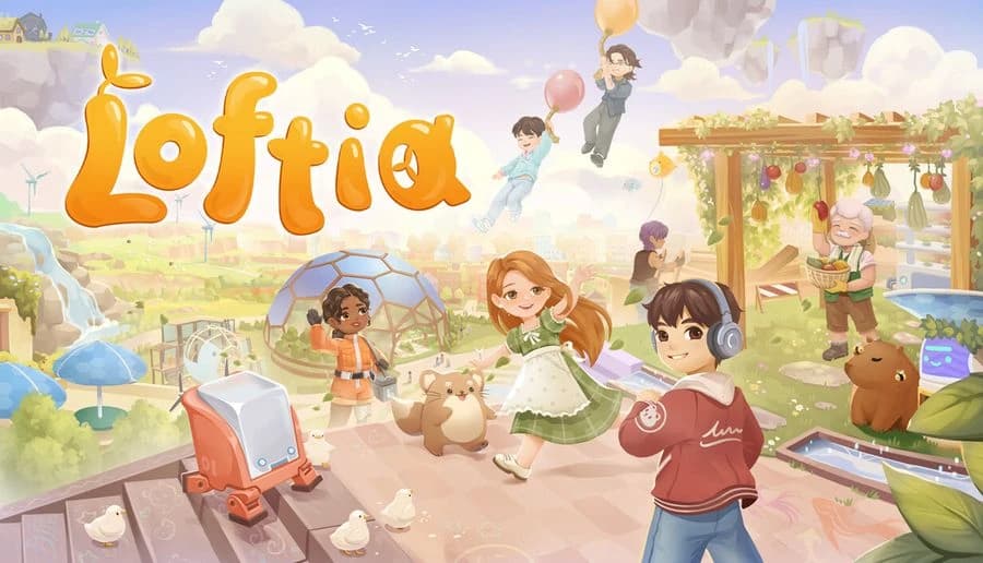 Loftia: Young woman waves beside smiling young man with headset, in bright floating garden town with pets.