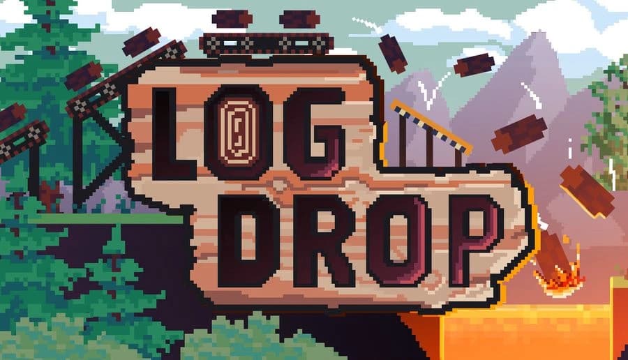 Log Drop: pixel-art log launcher hurls wooden logs off a ramp toward a fiery canyon with trees and mountains beyond.