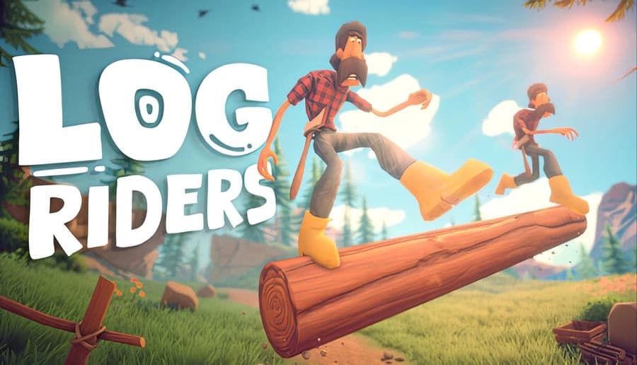 Log Riders: two lumberjack men balancing on a rolling log in a sunny meadow with mountains, trees, and saws nearby.