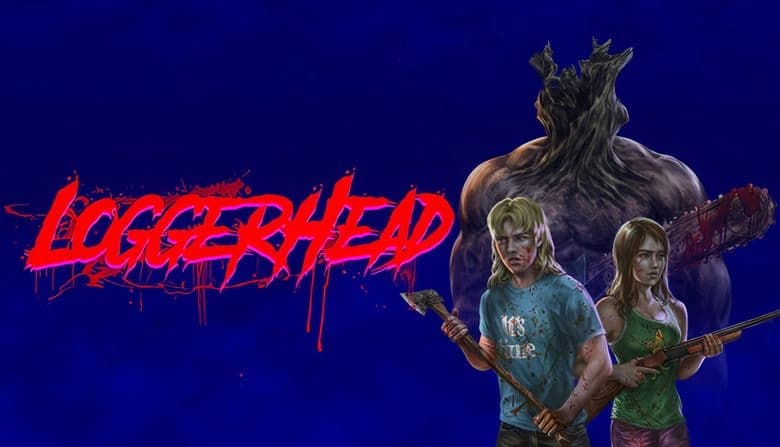 A muscular creature with a tree head stands ominously behind a young man with an axe and a young woman holding a shotgun.