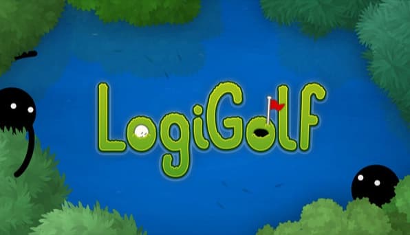 LogiGolf: Green game title over blue water, golf ball and red flag, with black blob creatures in leafy frame.