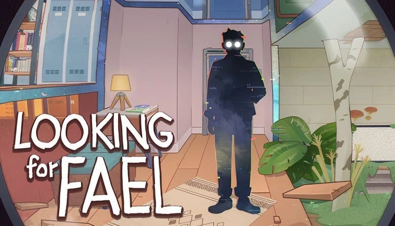Silhouetted man with glowing eyes stands in a dimly-lit room near a plant, shelves, lamp, and window; glitch effect visible.