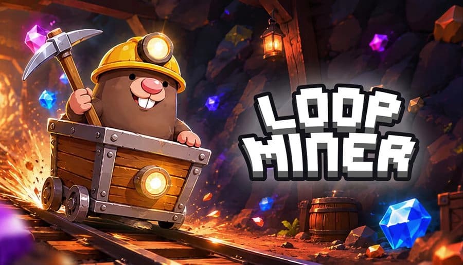 Loop Miner: smiling mole miner in helmet swings pickaxe in mine cart inside glowing cave with crystals and lanterns.