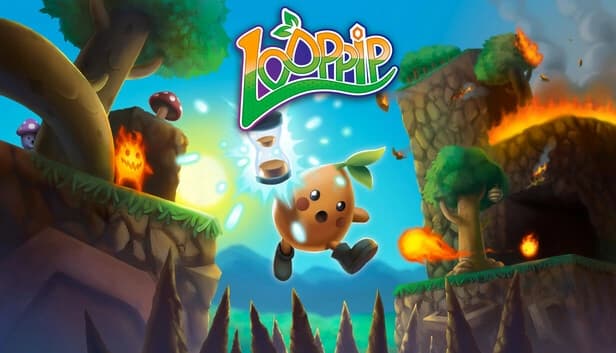 A smiling seed creature with leaves holds a glowing hourglass, leaping over spikes. Fire creature and mushrooms in forest.