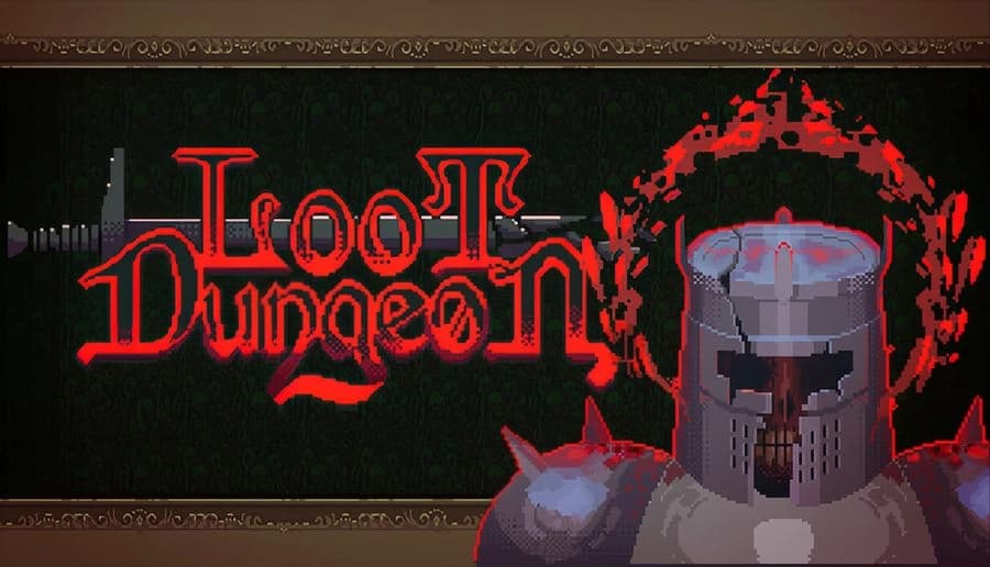 Loot Dungeon: armored knight with bucket helmet and red glowing aura facing forward on dark stone dungeon backdrop.