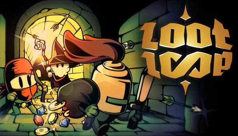 Loot Loop: Three armored knights run down a lit dungeon corridor, dodging arrows, with treasure scattered around them.
