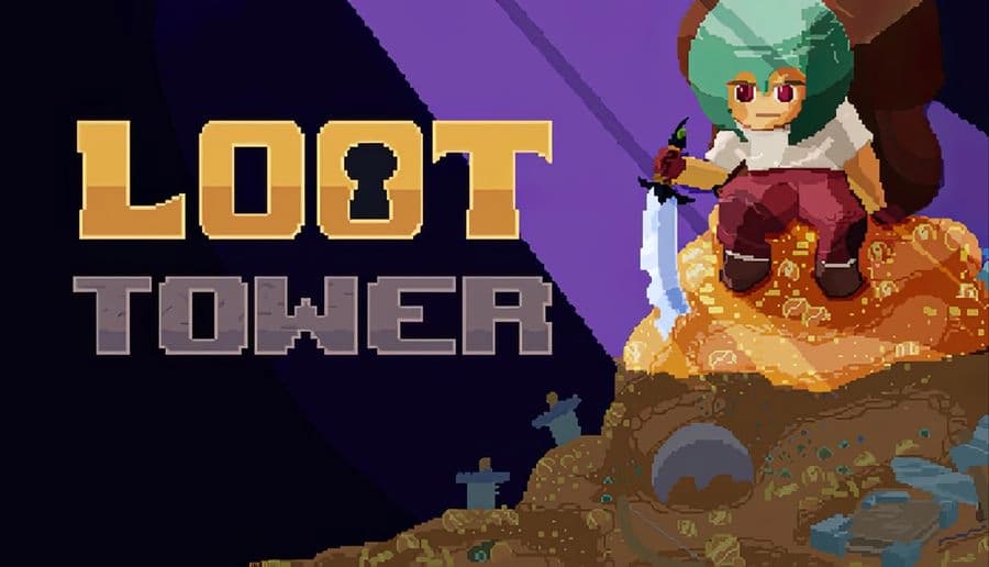 Loot Tower: red-haired warrior girl sits on a gold pile holding a sword atop a rocky mound in a dark cave.