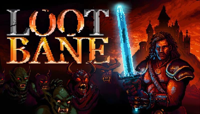 Lootbane: A warrior holding a glowing sword faces off against orc-like creatures in front of a looming castle at sunset.