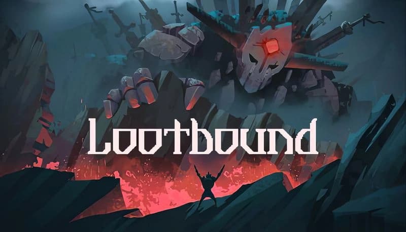 Lootbound: Lone figure challenges giant stone mask creature with red crystal, swords in back, amid jagged rocky terrain.