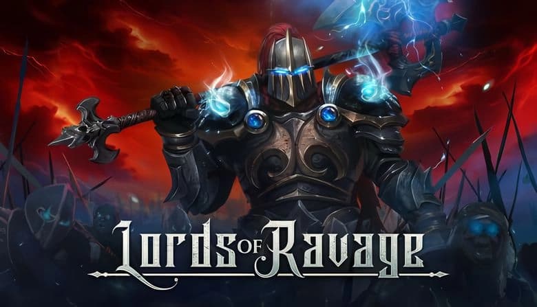 Lords of Ravage: Armored knight wields glowing axe amid red sky, leading shadowy figures in dark, battle-ready setting.