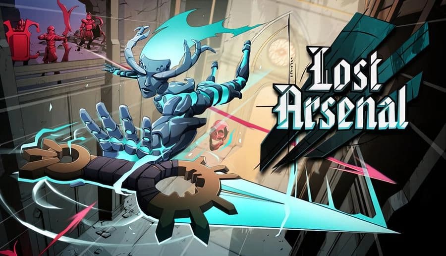Lost Arsenal: blue horned armored warrior lunging with glowing claws, huge gear and stone hall with red figures.