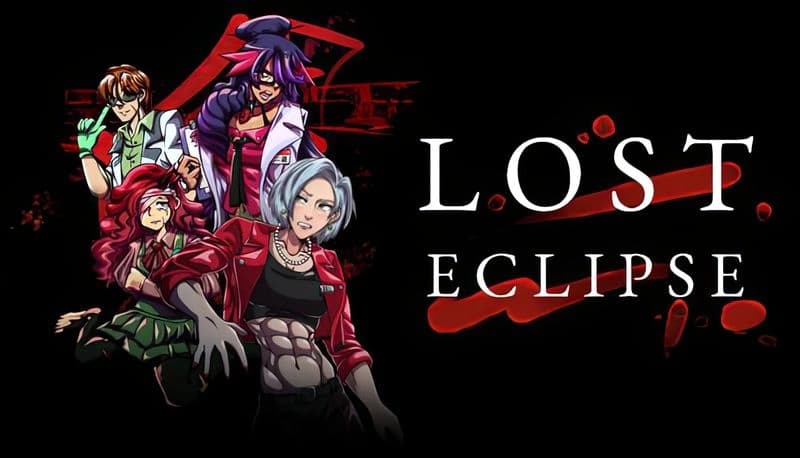 Lost Eclipse: Four colorful figures in vibrant attire stand against dark backdrop, red brushstroke text behind them.