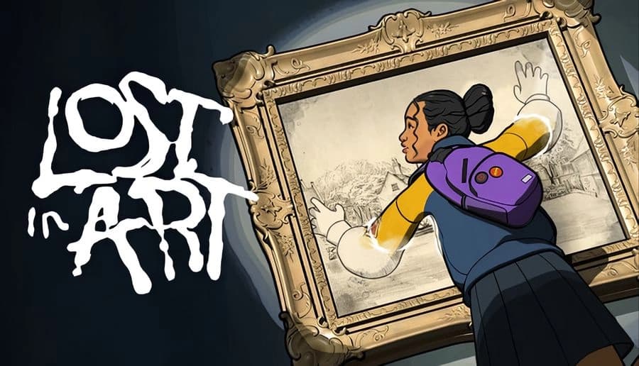 Lost in Art: young woman with purple backpack reaching into a framed sketch while leaning into a dim art gallery.