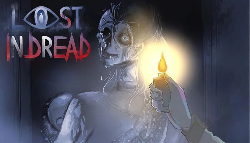 Lost in Dread: A skeletal figure emerges in dim light, a hand with a lighter illuminating its eerie face in a shadowy room.