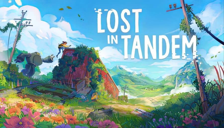 Lost in Tandem: young girl and robot climb a vine-covered ruin beside a path under blue sky and mountains.