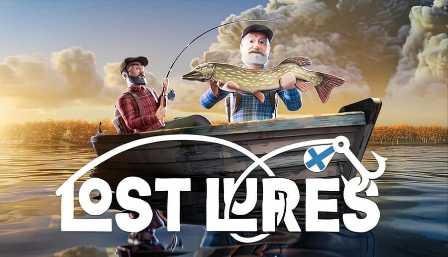 Lost Lures: bearded man in red plaid shirt reeling a fishing rod from a boat at sunset over calm lake and trees.