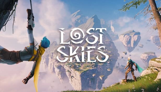 A young figure with a yellow scarf hands using a grapple glove. A man observes the floating islands nearby.