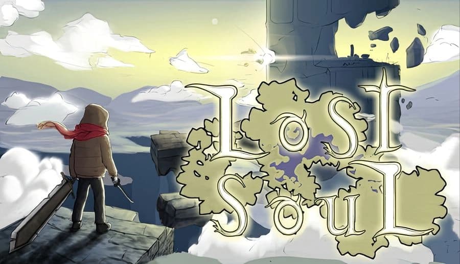 Lost Soul: hooded man with red scarf stands on cliff ledge facing distant tower above clouds at sunrise.