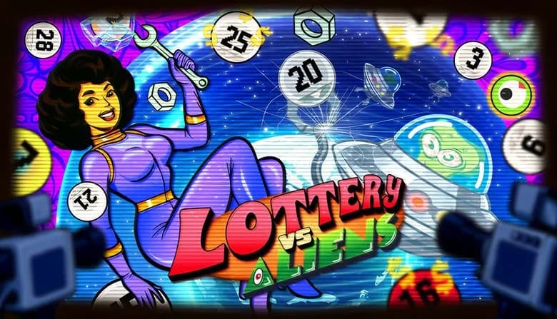 A woman in a spacesuit holds a wrench amid floating lottery balls. An alien peers from a spaceship. Bright cosmic background.