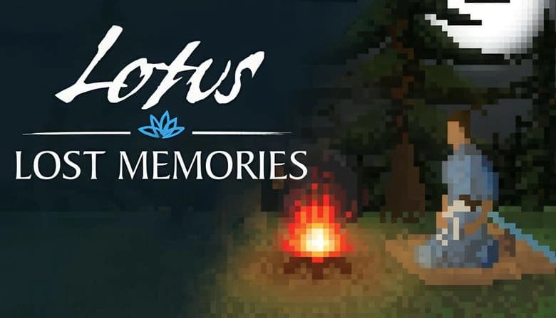 Lotus: Young samurai in blue robe sits by campfire under moonlit sky, surrounded by trees, sword beside him, pixel art.