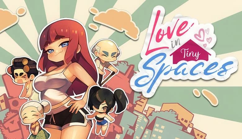Love In Tiny Spaces: Young woman in urban setting with chibi characters, colorful skyline backdrop, playful atmosphere.