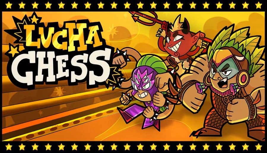 Lucha Chess: Masked wrestlers charging forward with clenched fists beside bold title on star-lined orange banner.
